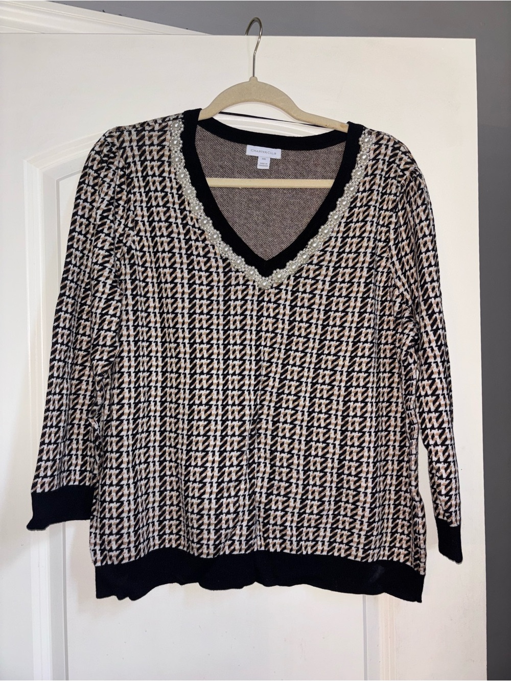 Charming Charlie Black & Cream V-Neck Patterned Sweater with Beaded Trim